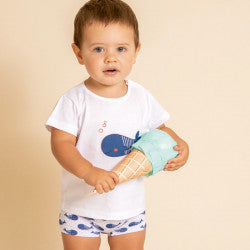 Boys blue whale t-shirt and swimtrunks
