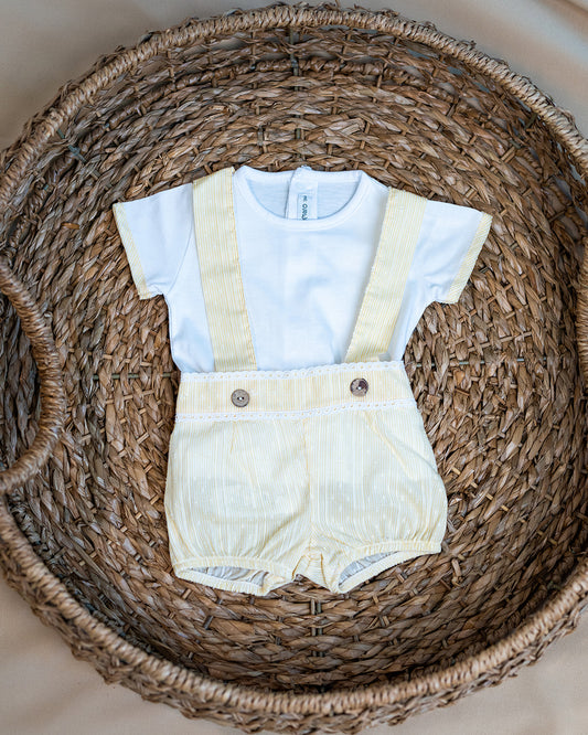 Boys white t-shirt and yellow romper